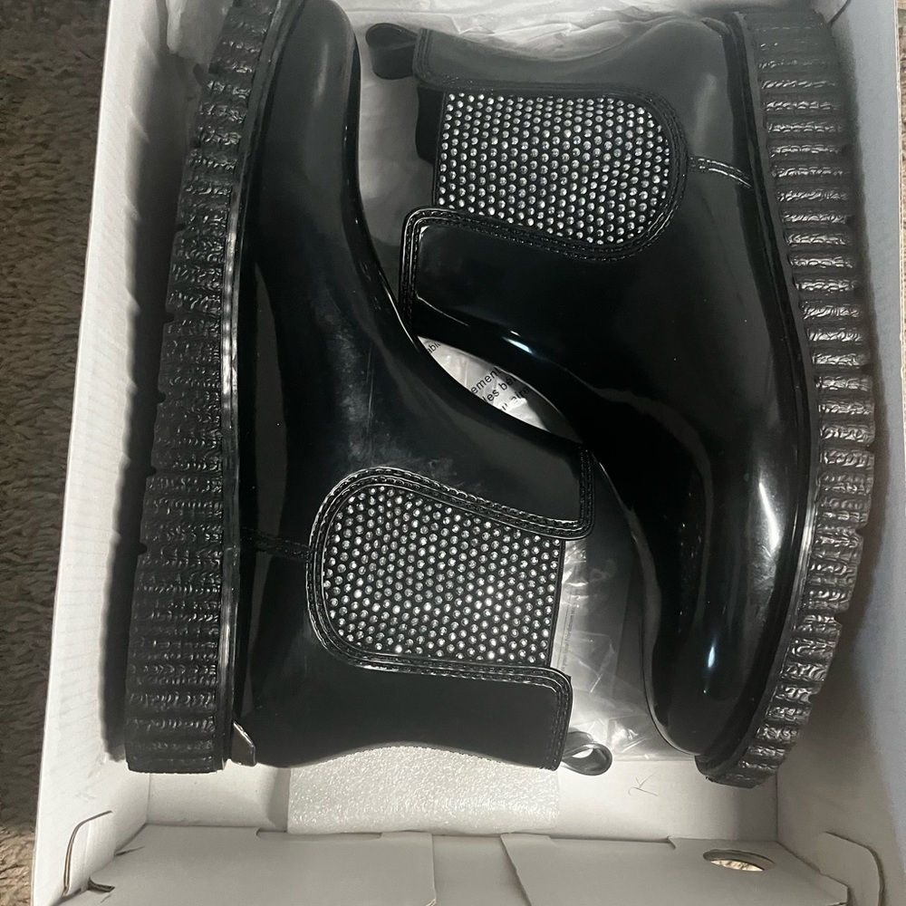 Michael Kors Black Patent Chelsea Rain Boots with Studded Elastic Panels